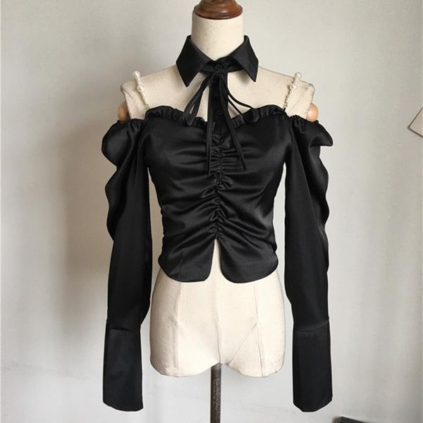 

women's blouses & shirts summer fashion office lady slash neck off-the-shoulder clothing beading chain lace-up puff solid color sleeve, White