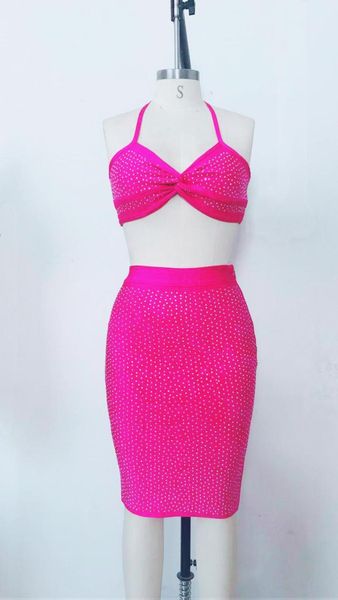 

two piece dress crystal pieces strapless bandage night party women skinny set, White