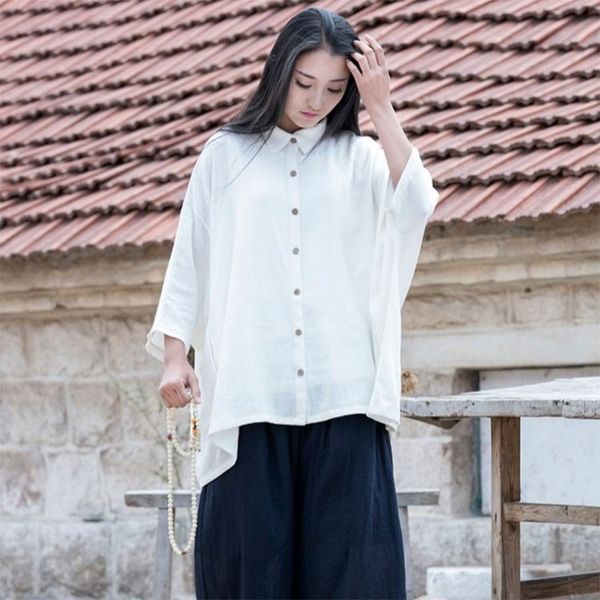 

shorts spring summer arts style women 3/4 sleeve loose shirts turn-down collar cotton linen vintage blouse femme big m257 kvhm, White;black