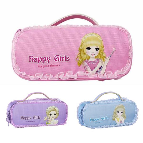 

portable pencil bag large capacity cartoon lace pen case holder with handle for girls bags