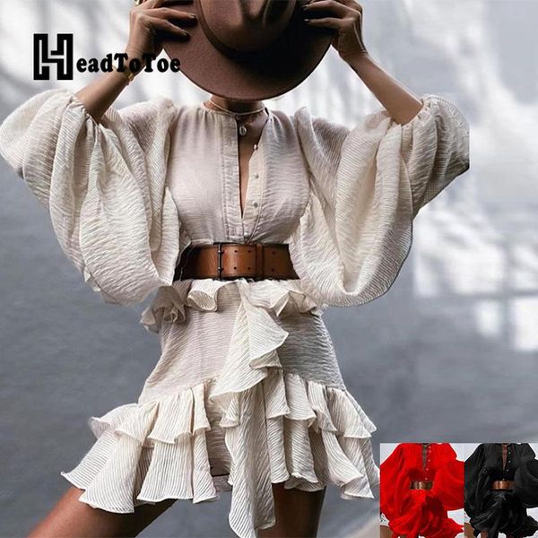 

casual dresses lantern sleeve ruffles button design dress, Black;gray