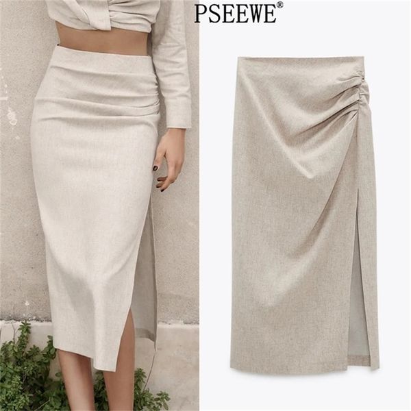 

za linen blend draped long skirts woman fashion high waist midi with side slit pleats elegant summer 210619, Black