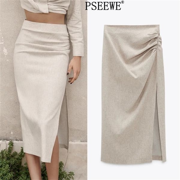 Gonne lunghe drappeggiate in misto lino Za Moda donna Midi a vita alta con pieghe a fessura laterale Elegante estate 210619