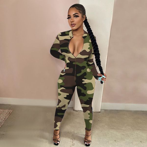 

camouflage plus size jumpsuits for women 2021 party bodycon rompers womens jumpsuit long sleeve one piece jumpsuit with zipper, Black;white