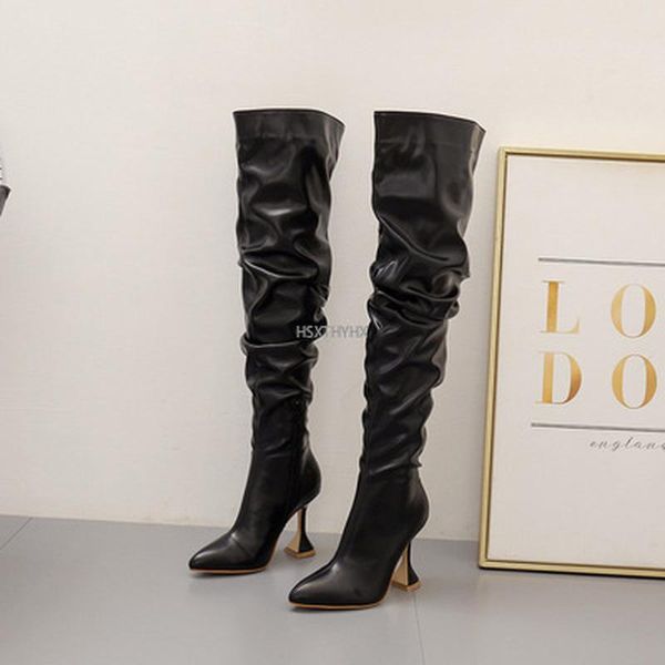 

boots 2022 design pleated leather over the knee fashion runway strange high heels pointed toe zip womans shoes goth, Black