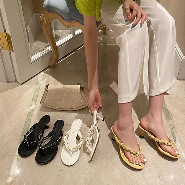 

slippers 2021 summer chain braided high heels female stiletto, Black