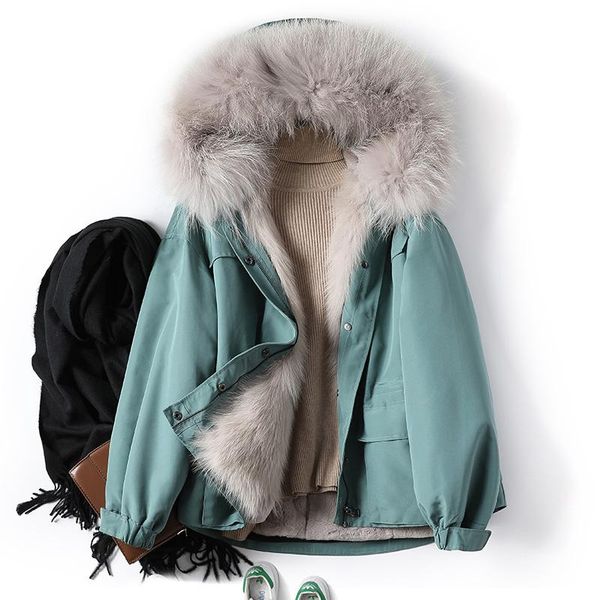 

women's fur & faux 2021 winter parka short rex liner detachable coat young fashion, Black