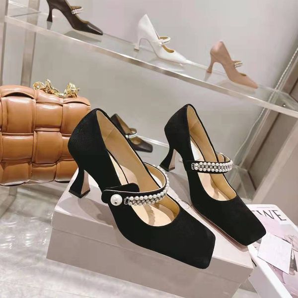 

women's latest fashion dress shoes square toe slip on comfortable pearl beading buckle nude color suede office leather pumps, Black