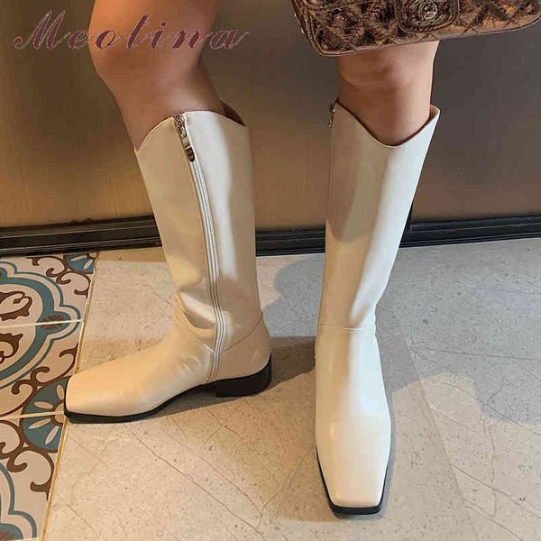 

meotina genuine leather mid heel mid calf boots women shoes square toe block heels zip western boots female autumn brown black 210520