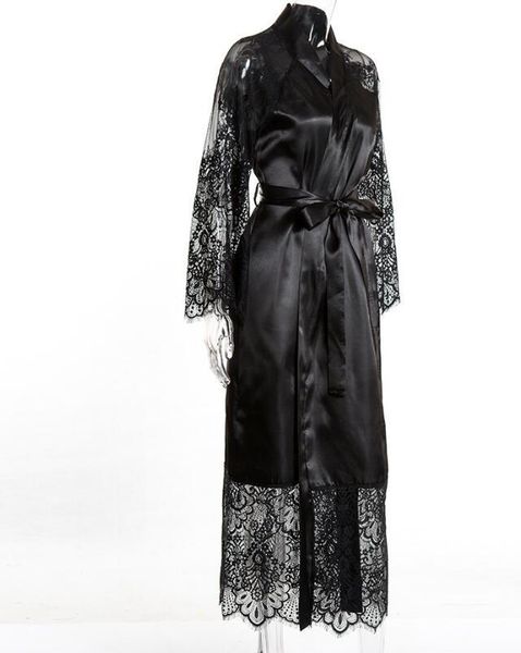 

women's sleepwear womens shawl collar nightgown lace patchwork pajamas, Black;red