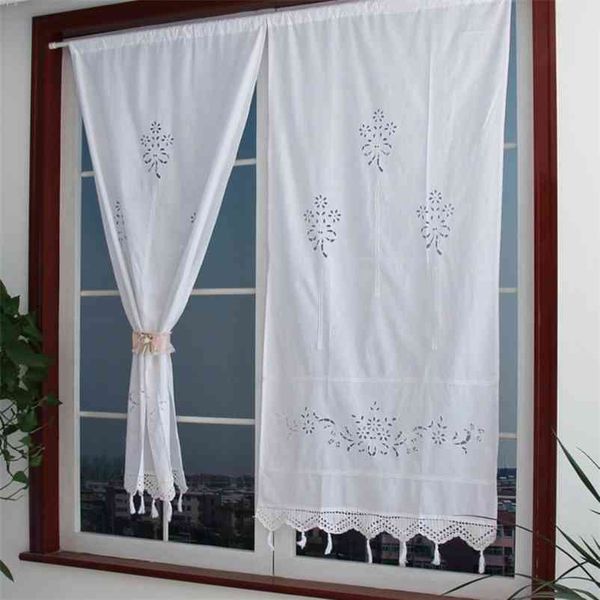 Pastoral Handmade Algodão Cortinas Branco Rendas Flor Cortina Crochet Hollow Out Cortina Bolso Cozinha Chuveiro Cortinas 210913