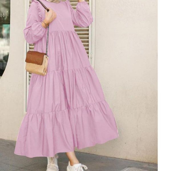

casual dresses retro round neck long sleeve spring dress with ruffled sleeves pleated hem solid color large swing, Black;gray