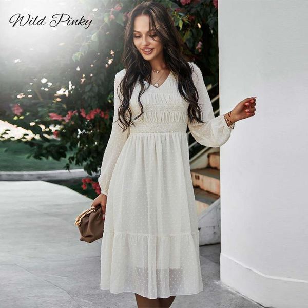 

casual dresses wildpinky 2021 spring sweet solid dress women v neck lantern sleeve high waist for summer chiffon, Black;gray