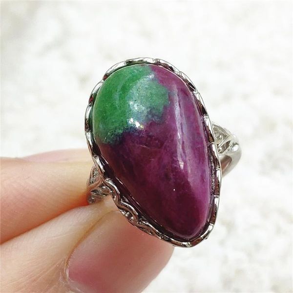 

cluster rings genuine natural ruby zoisite red green adjustable ring gemstone 18x11mm 925 sterling silver water drop big size, Golden;silver