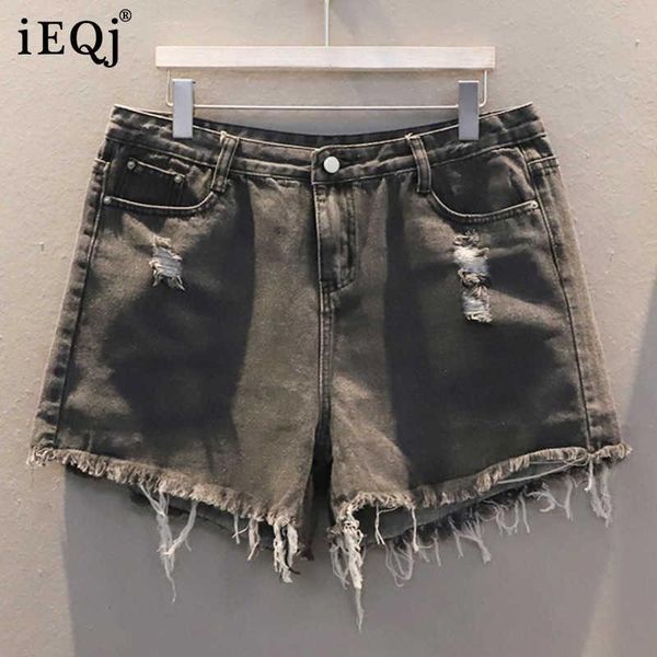 

women's shorts ieqj women wide leg high waist loose fit gray denim casual distressed fashion vintage hollow out summer 2021 8p756, White;black