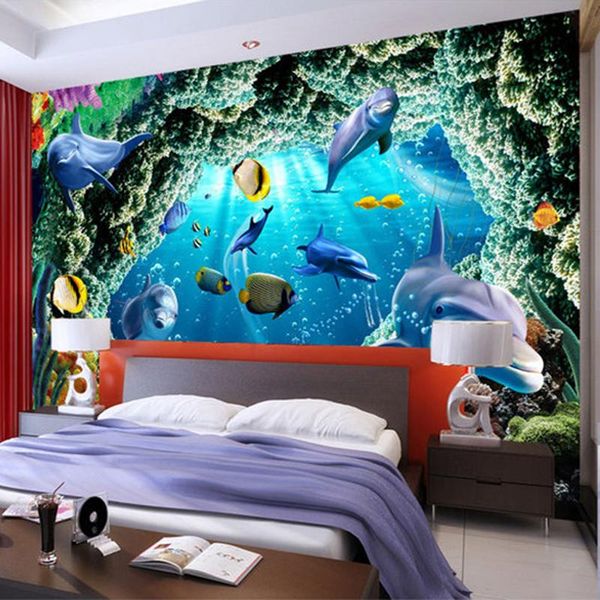 

wallpapers dropship custom 3d po wallpaper kids room cartoon underwater world dolphin wall painting blue modern home decor