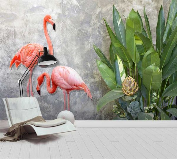 

custom 3d wallpaper mural nordic simple tropical plant leaves couple flamingo background wall painting wallpapers