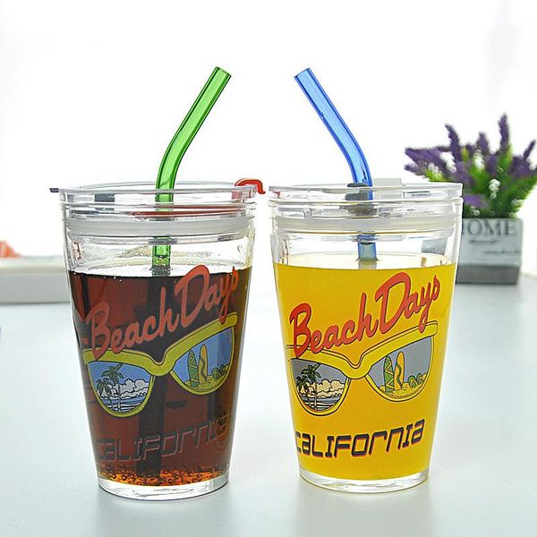 

mugs fashion female graffiti sunglasses cup with lid creative cute juice milk tea cold drink thick borosilicate straw