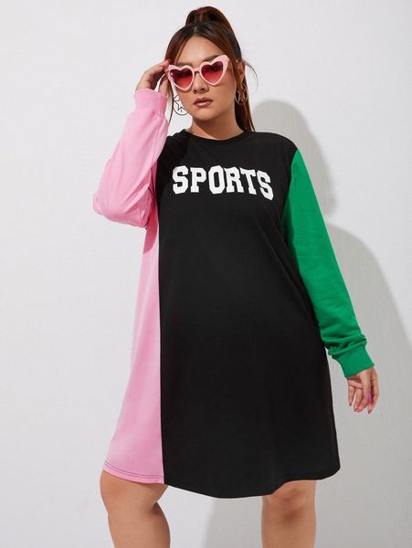 

plus color-block letter graphic sweatshirt dress u269#, Black