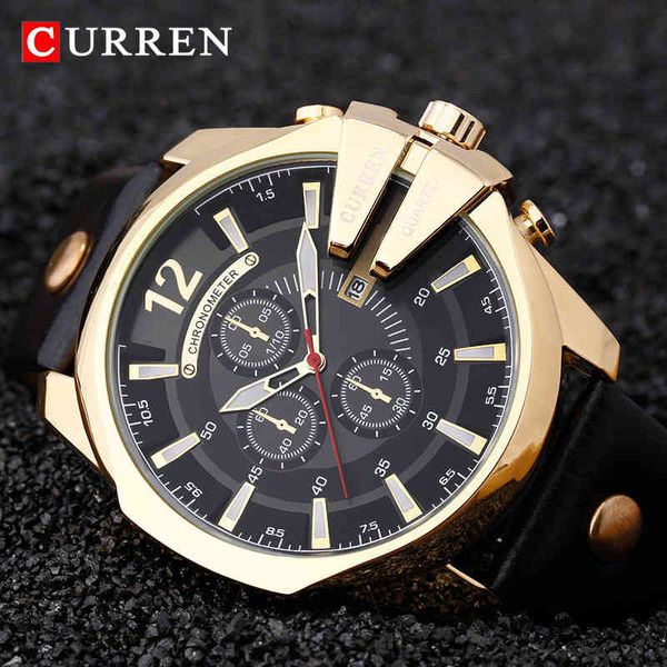 

luxury brand curren fashion big dial men watch military sport quartz watches leather strap businmetal wristwatch men's clock x0524, Slivery;brown