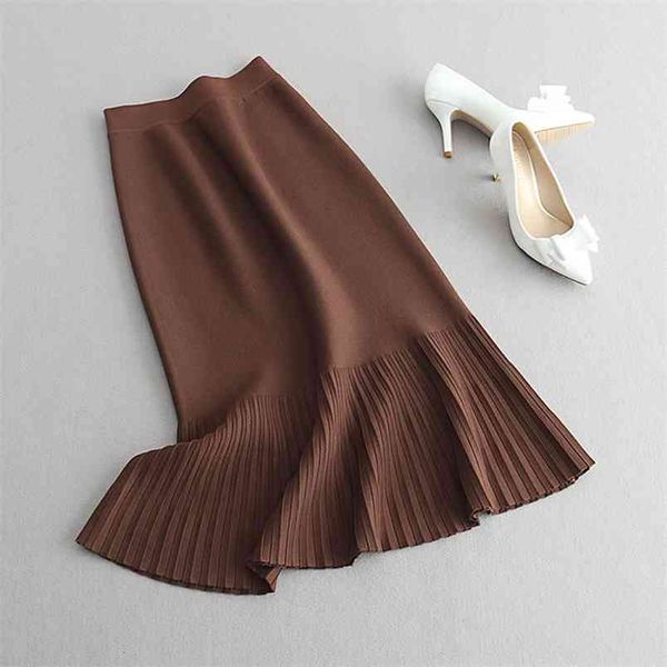 

autumn & winter knitted long skirt elastic high waist thin simple solid color wild casual women fishtail 210527, Black