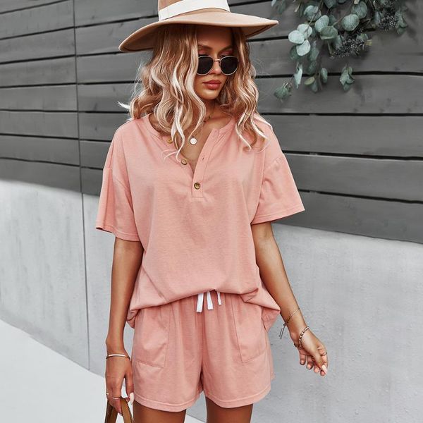 

women's tracksuits casual sports summer two piece set women v neck short sleeve solid short 2 pieces drawstring high waist shorts stree, Gray