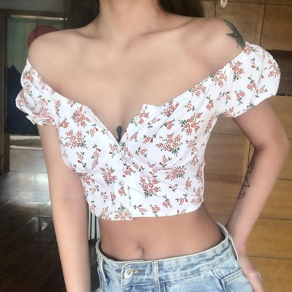 

women's blouses & shirts women floral crop blouse 2021 summer ladies puff short sleeve v neck slim casual vintage female, White