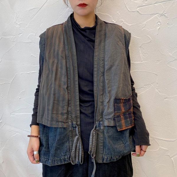 

women's vests johnature women denim patchwork cotton vest loose retro solid color thin coat v-neck belt 2021 autumn fake two-piece, Black;white