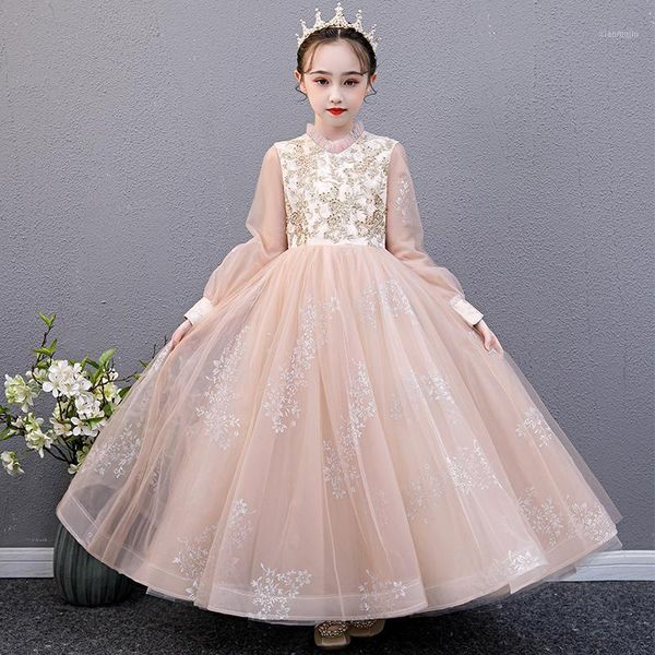 

girl's dresses flower girl illusion full embroidery beading o-neck sequined princess floor-length tulle lace lovely kid party gown h264, Red;yellow