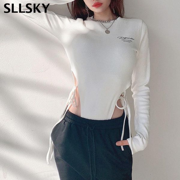 

women's jumpsuits & rompers sllsky bandage letter printing bodysuit women 2021 spring o-neck hollow out slim long sleeve fashion jumpsu, Black;white