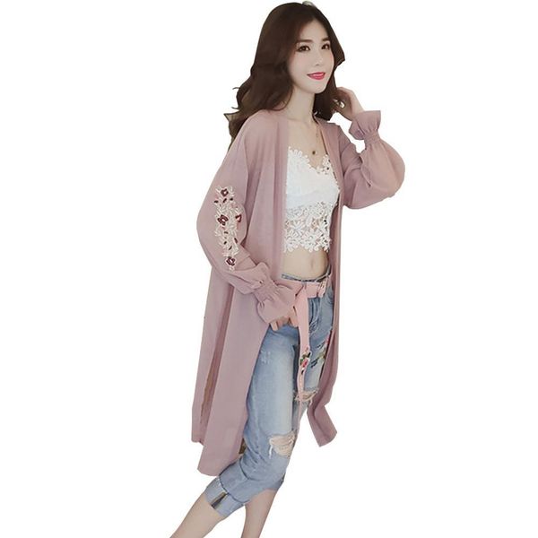 

missky women blouse white pink color embroidered chiffon flared sleeves sun protection shirt female for summer x0521