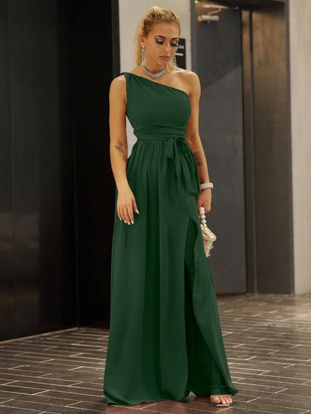 

joyfunear twist shoulder belted split thigh dress 45t8#, Black;gray