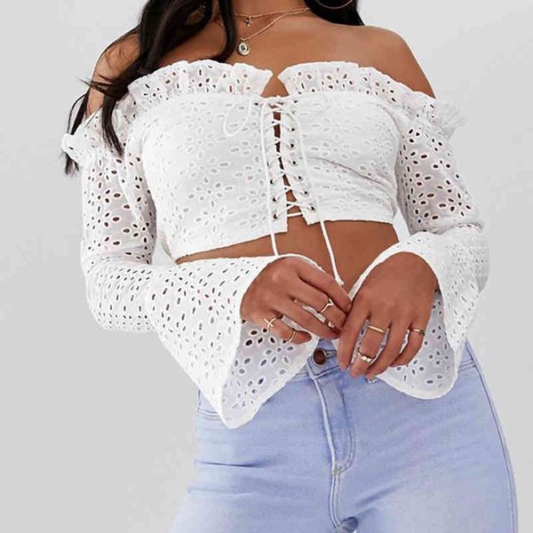 

women's knits & tees fashion slash neck white cotton female spring floral hollow out shirts vintage flare long sleeve z9ka