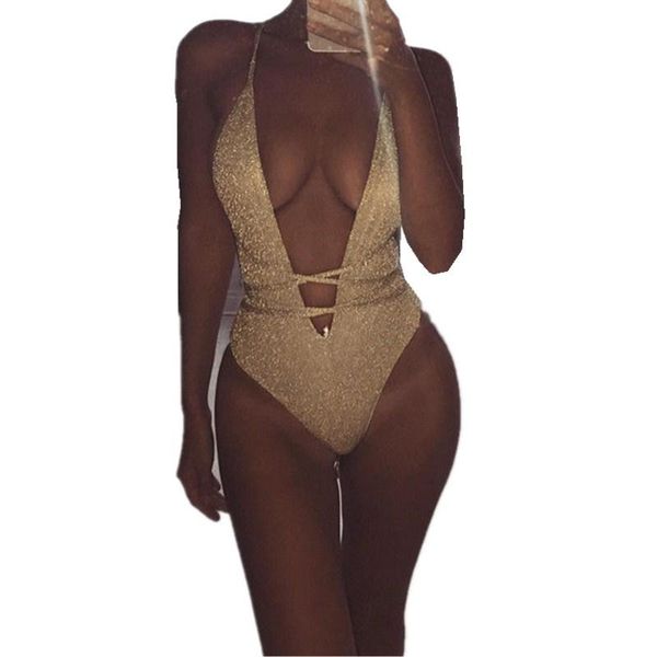 

woman deep v-neck brazilian gold bikini summer backless unpadded bra swimwear swimsuit bandage bathing suits one-piece