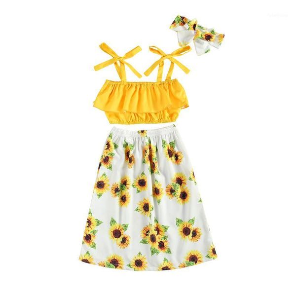 

clothing sets girl's three piece set, lace up solid color strap flower printing skirt hair band for kids1, White