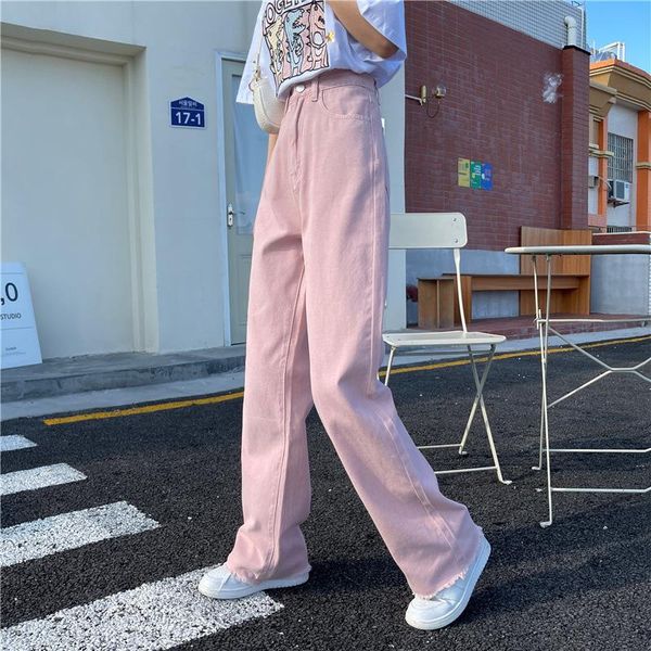 

women's jeans autumn 2021 korean version of the pink high-waist design for women wild straight casual fashion wide-leg pants, Blue