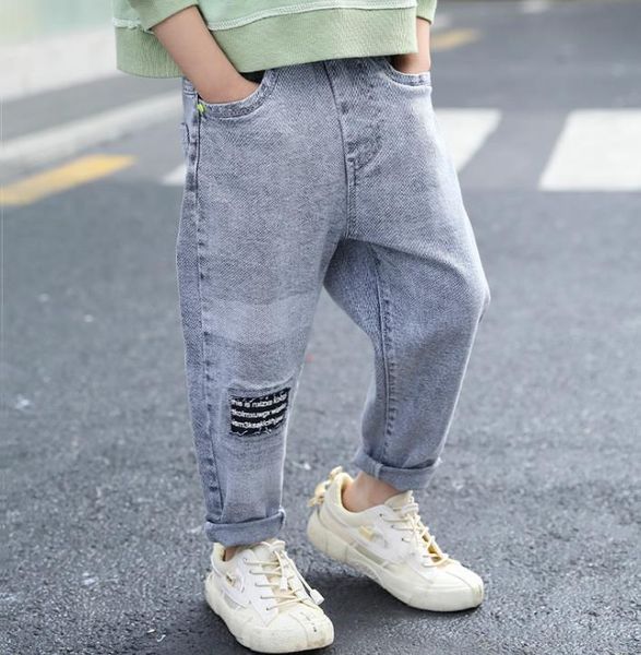 

children's jeans boys ripped patch letter print retro washed kids elastic waist casual, Blue