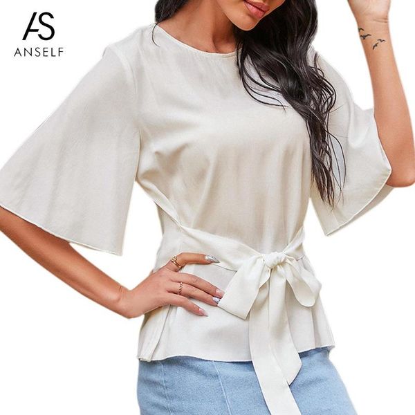 

women's t-shirt women shirts office style summer casual elegant chiffon o neck flare sleeve bandage korean 2021 oversize, White