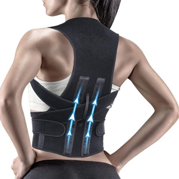 

back support waist posture corrector trainer shoulder lumbar brace spine belt adjustable correction vest, Black;blue