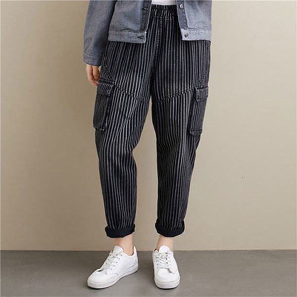 

women's jeans autumn arts style women elastic waist loose cotton denim harem pants double pocket casual stripe plus size m619 8r94, Blue