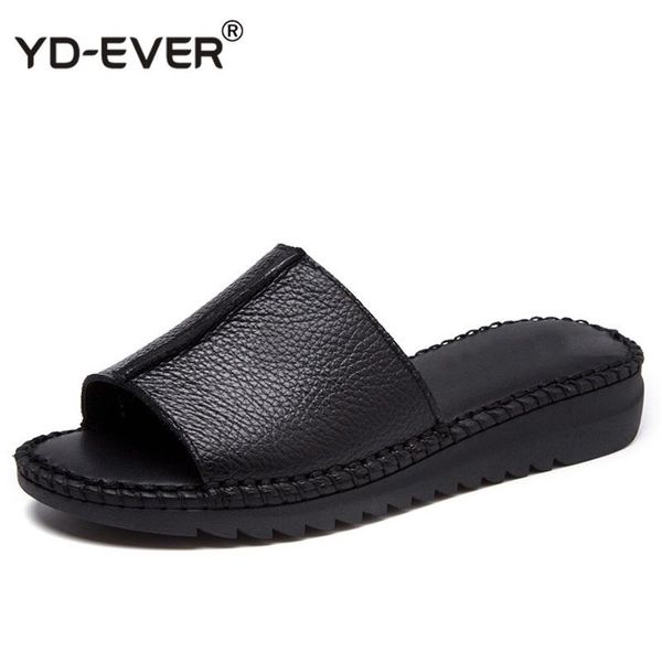 

slippers handmade sewing genuine leather summer women open toe sandals woman shoes flat beach flip flops, Black