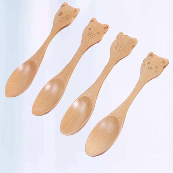 

dishes & plates 4pcs wooden children spoon cartoon tableware kids flatware for home restaurant dessert kindergarten (kitten + puppy+ panda