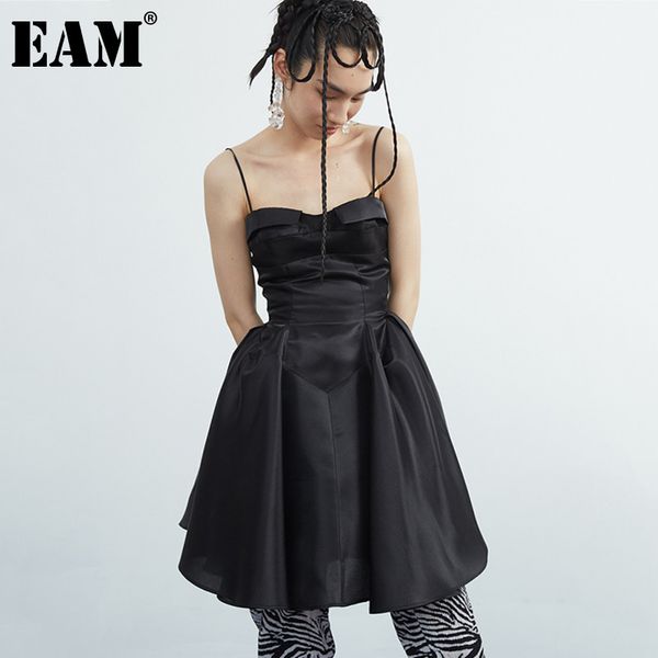 

[eam] women black slim ruffles pleated dress strapless spaghetti strap loose fit fashion spring summer 1dd7423 210512, Black;gray