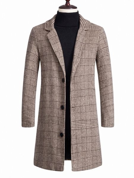

men plaid print lapel neck overcoat 60zl#, Black;brown