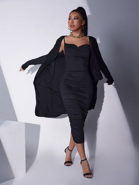 

sxy ruched solid bodycon dress with coat m8jg#, White
