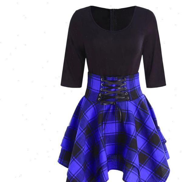 

large size fashion casual women dresses o neck lace up tartan plaid print a line vestidos mujer, Black;gray