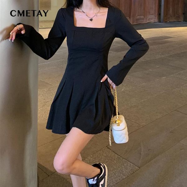 

casual dresses women elegant dress autumn 2021 korean long sleeve square collar mini ladies party club vestidos mujer, Black;gray