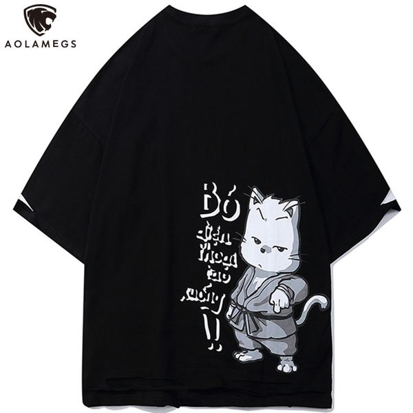 

men's polos funny animated cartoons cat print japanese man t-shirt harajuku college shirt summer baggy fashion streetwear, White;black
