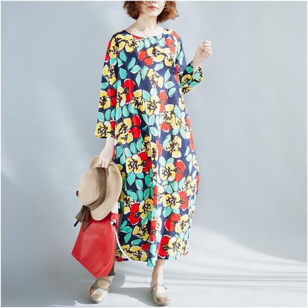 

casual dresses oversized women summer dress 2021 plus size vintage floral cotton linen comfortable loose robe femme art long, Black;gray