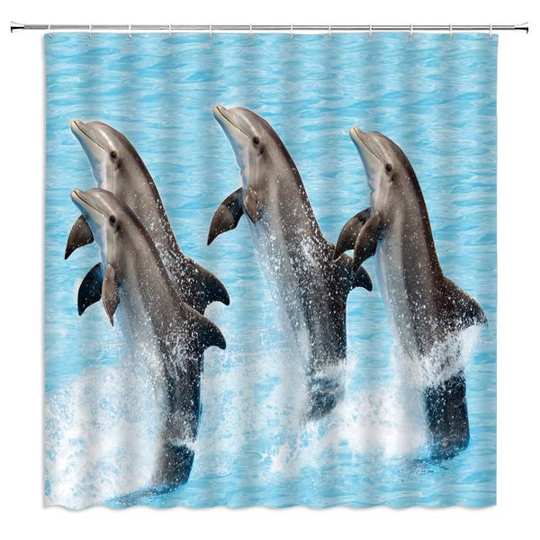 

dolphin shower curtain sea animal dolphins jumping out of the ocean blue grey fabric bath curtains bathroom accessories